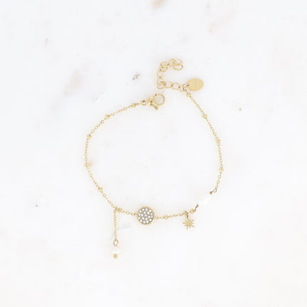 Bracelet - pampille ronde avec oxydes de zirconium, étoile et perles d'eau douce