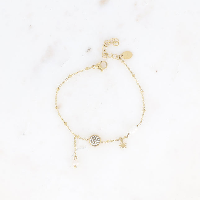 Bracelet - pampille ronde avec oxydes de zirconium, étoile et perles d'eau douce