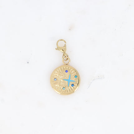 Charm - pampille ronde avec étoile gravée émaillée et oxydes de zirconium