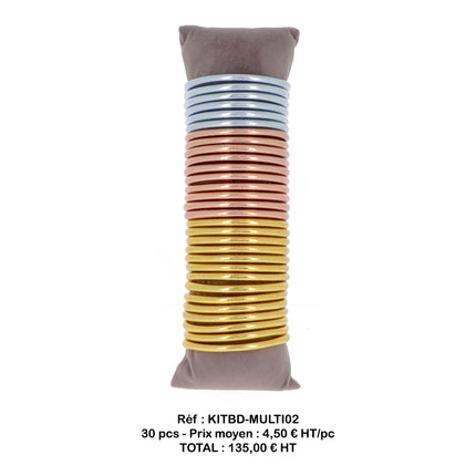 Set of 30 thick multicolored Buddhist bangles with mantra. Cushion included. Average price: €4.50 excl. VAT