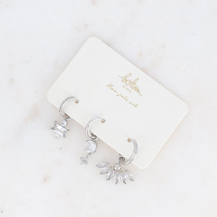 Set of 3 hoop earrings - in stainless steel with crystal (rectangle, clover and foliage)