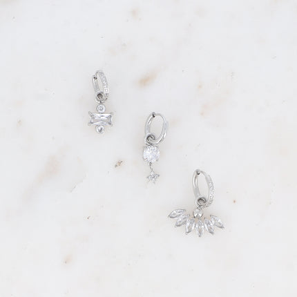 Set of 3 hoop earrings - in stainless steel with crystal (rectangle, clover and foliage)