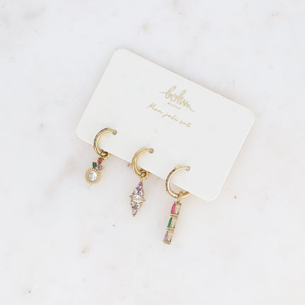 Set of 3 hoop earrings - in stainless steel with crystal (round, almond and teardrop)