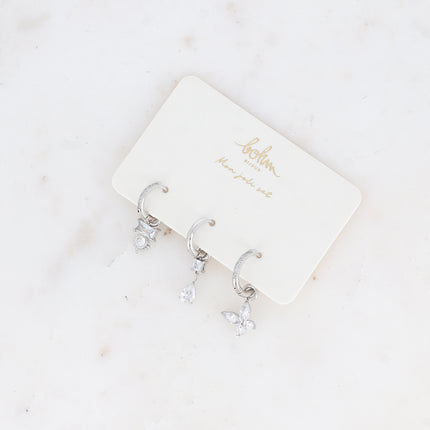 Set of 3 hoop earrings - in stainless steel with crystal (rectangle, teardrop and butterfly)