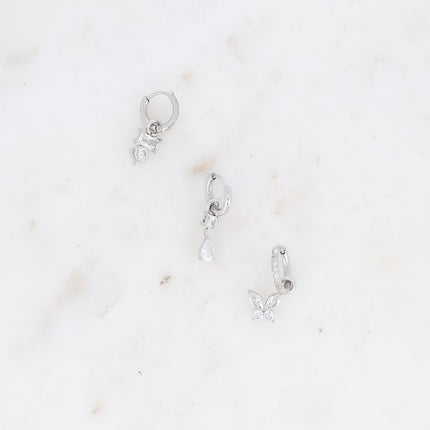 Set of 3 hoop earrings - in stainless steel with crystal (rectangle, teardrop and butterfly)