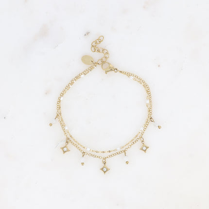 Bracelet multirangs Liliah - 2 chaînes, grain de café avec émail et pampilles étoiles avec pierres naturelles