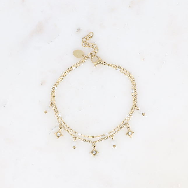 Bracelet multirangs Liliah - 2 chaînes, grain de café avec émail et pampilles étoiles avec pierres naturelles
