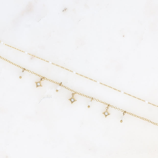 Bracelet multirangs Liliah - 2 chaînes, grain de café avec émail et pampilles étoiles avec pierres naturelles