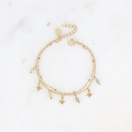 Bracelet multirangs Liliah - 2 chaînes, grain de café avec émail et pampilles étoiles avec pierres naturelles