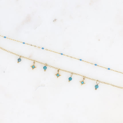 Bracelet multirangs Liliah - 2 chaînes, grain de café avec émail et pampilles étoiles avec pierres naturelles
