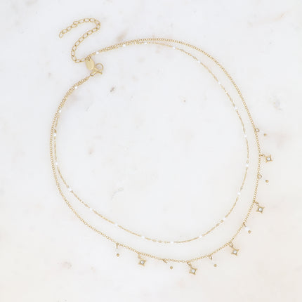 Collier multirangs Liliah - 2 chaînes, grain de café avec émail et pampilles étoiles avec pierres naturelles
