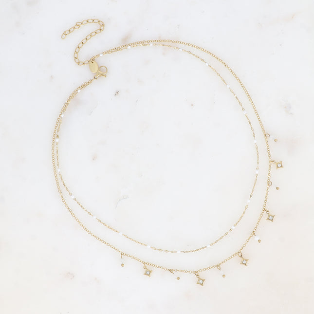 Liliah multi-strand necklace - 2 chains, coffee bean design with enamel and star-shaped charms with natural stones