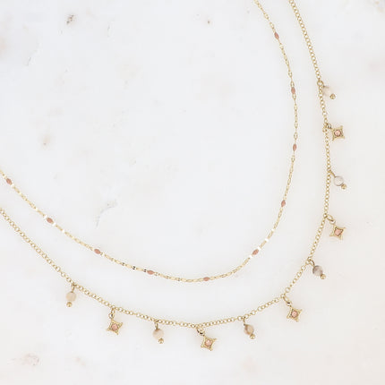 Collier multirangs Liliah - 2 chaînes, grain de café avec émail et pampilles étoiles avec pierres naturelles