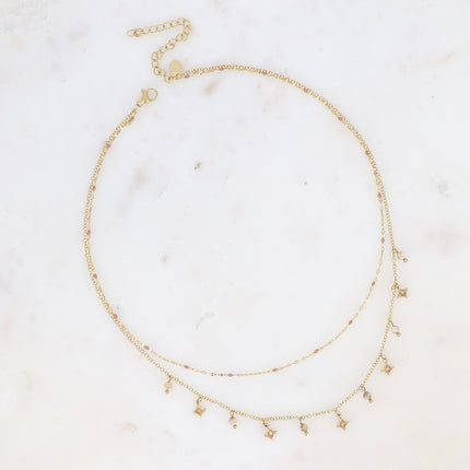 Collier multirangs Liliah - 2 chaînes, grain de café avec émail et pampilles étoiles avec pierres naturelles