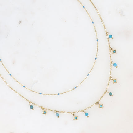 Collier multirangs Liliah - 2 chaînes, grain de café avec émail et pampilles étoiles avec pierres naturelles
