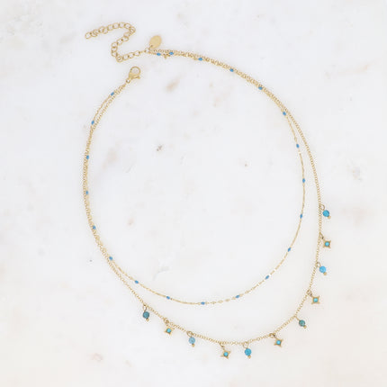 Collier multirangs Liliah - 2 chaînes, grain de café avec émail et pampilles étoiles avec pierres naturelles