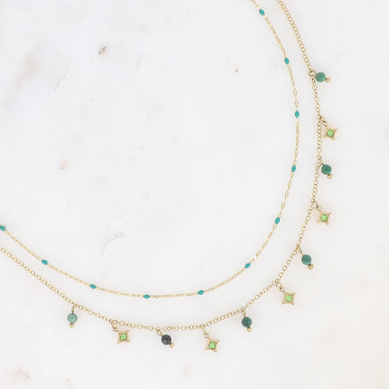 Collier multirangs Liliah - 2 chaînes, grain de café avec émail et pampilles étoiles avec pierres naturelles