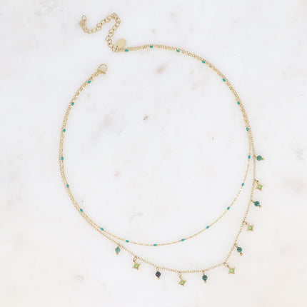 Collier multirangs Liliah - 2 chaînes, grain de café avec émail et pampilles étoiles avec pierres naturelles