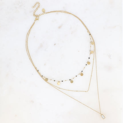 Collier multirangs Esther - chaîne fine à boule avec des pampilles rondes & pierres naturelles, cristal rectangulaire