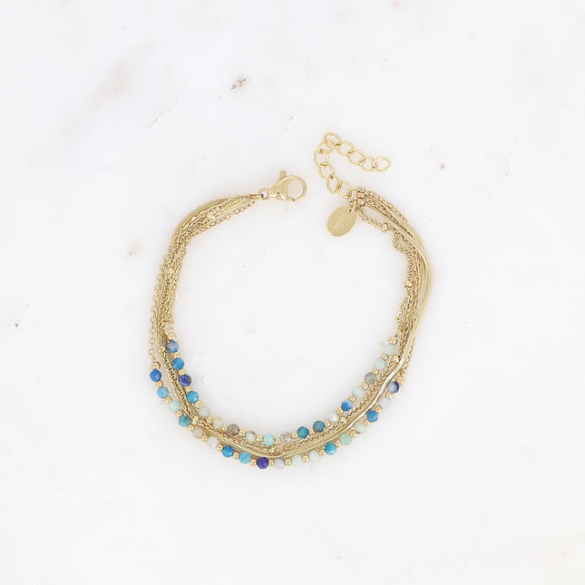 Bracelet multirangs Hilary - 5 chaînes, miroir, forçat avec pierres naturelles et chaînes avec boules