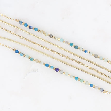 Hilary multi-strand bracelet - 5 chains, mirror, curb chain with natural stones and chains with beads