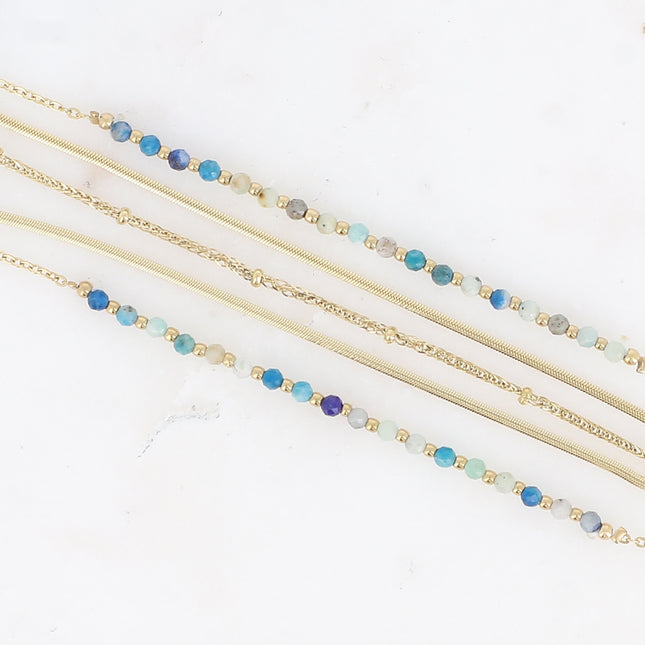 Bracelet multirangs Hilary - 5 chaînes, miroir, forçat avec pierres naturelles et chaînes avec boules