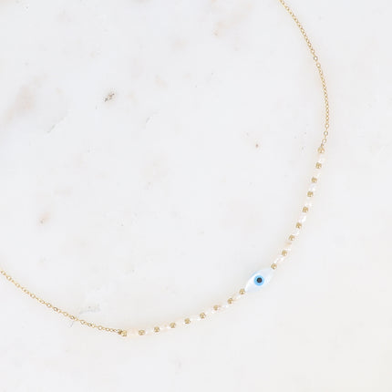 Collier Hella - ras de cou, perles d'eau douce, pendentif oeil en amande