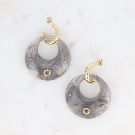Creole earrings - acetate ring and piece with small beads and sun