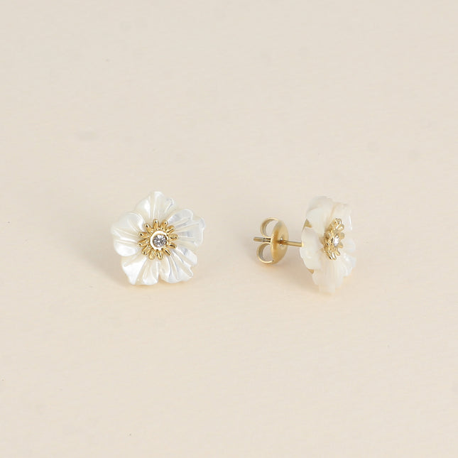 Boucles puces Elfie - fleur nacrée et petit cristal