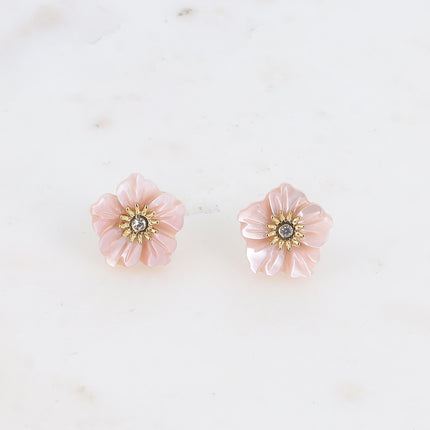 Boucles puces - fleur nacrée et petit cristal