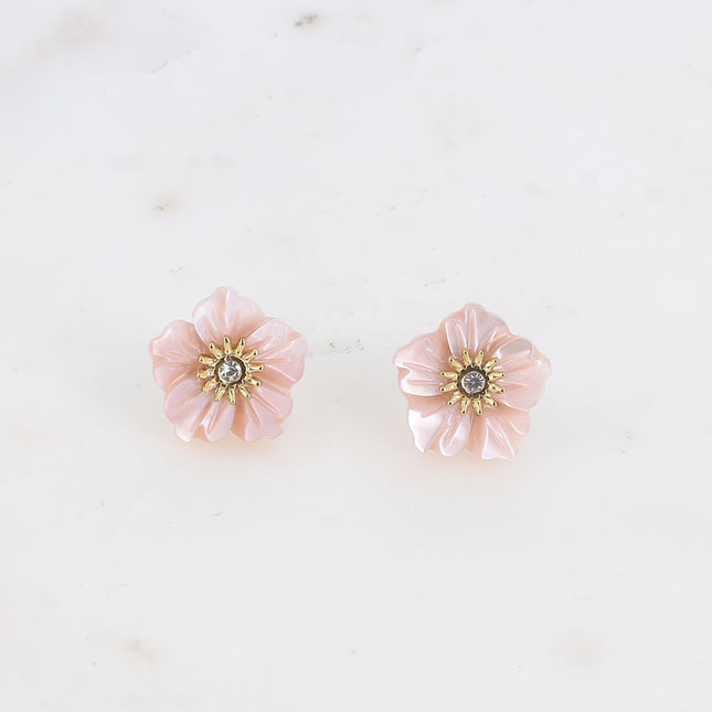 Boucles puces - fleur nacrée et petit cristal