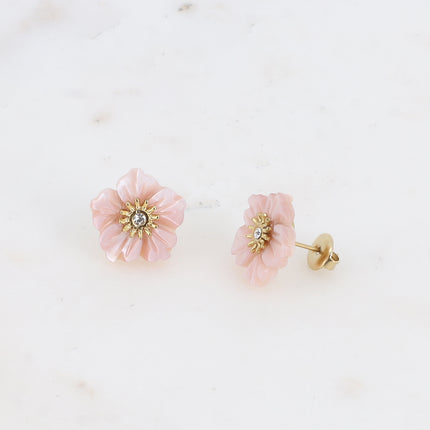 Boucles puces - fleur nacrée et petit cristal