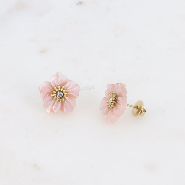 Boucles puces - fleur nacrée et petit cristal