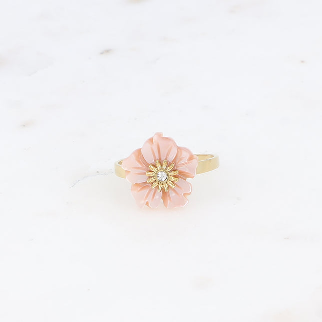 Bague - fleur nacrée et petit cristal