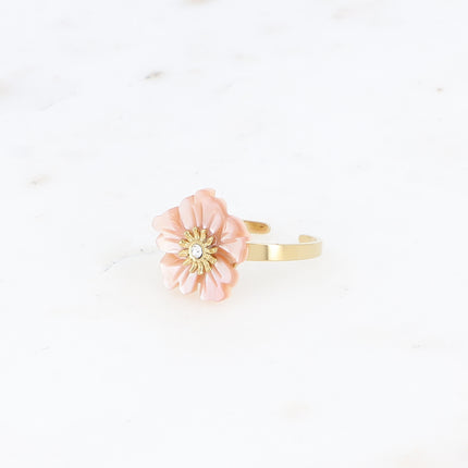 Bague - fleur nacrée et petit cristal