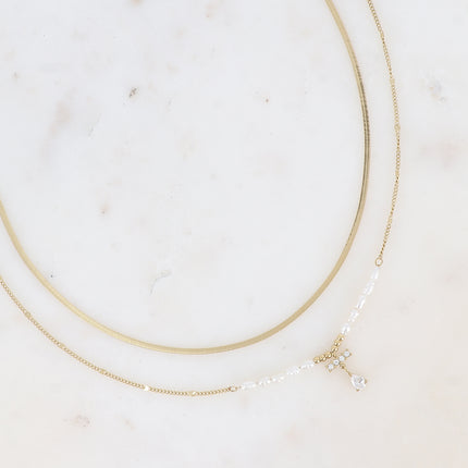 Collier Ysa - maille miroir et barre avec oxydes de zirconium et cristal goutte