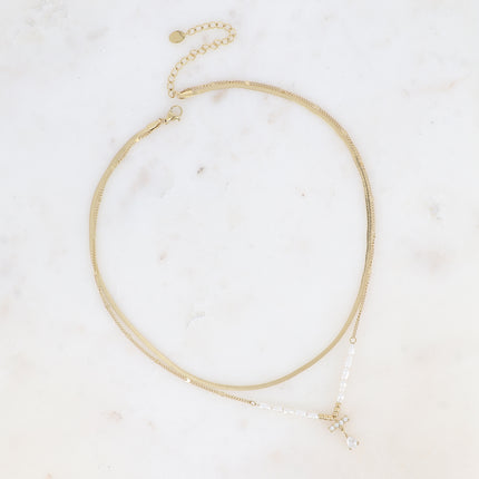 Collier Ysa - maille miroir et barre avec oxydes de zirconium et cristal goutte