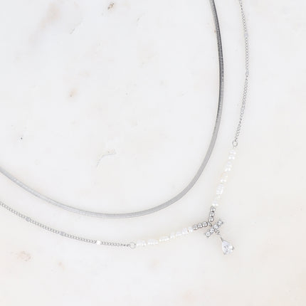 Collier Ysa - maille miroir et barre avec oxydes de zirconium et cristal goutte