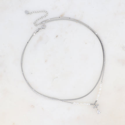 Collier Ysa - maille miroir et barre avec oxydes de zirconium et cristal goutte