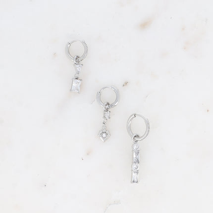 Set de 3 créoles - en acier inoxydable avec cristal (triangle, ovale et barre)