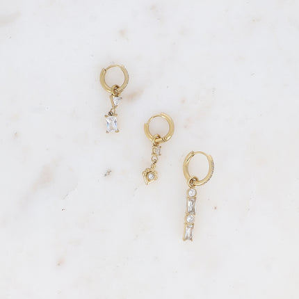 Set de 3 créoles - en acier inoxydable avec cristal (triangle, ovale et barre)