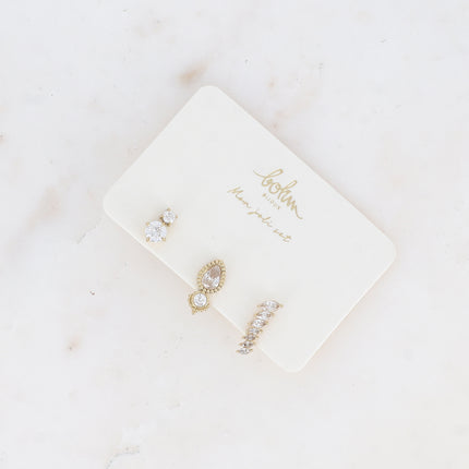 Set de 3 piercings - en acier inoxydable avec cristal (coquillage, losange texturé et lignée de cristaux)