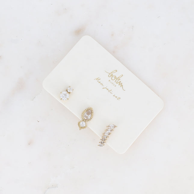 Set de 3 piercings - en acier inoxydable avec cristal (coquillage, losange texturé et lignée de cristaux)