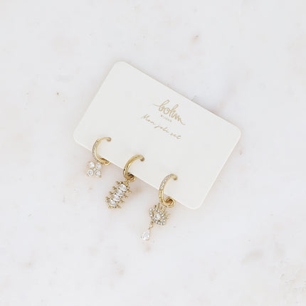 Set de 3 créoles - en acier inoxydable avec cristal (trèfle, amandes et oeil)
