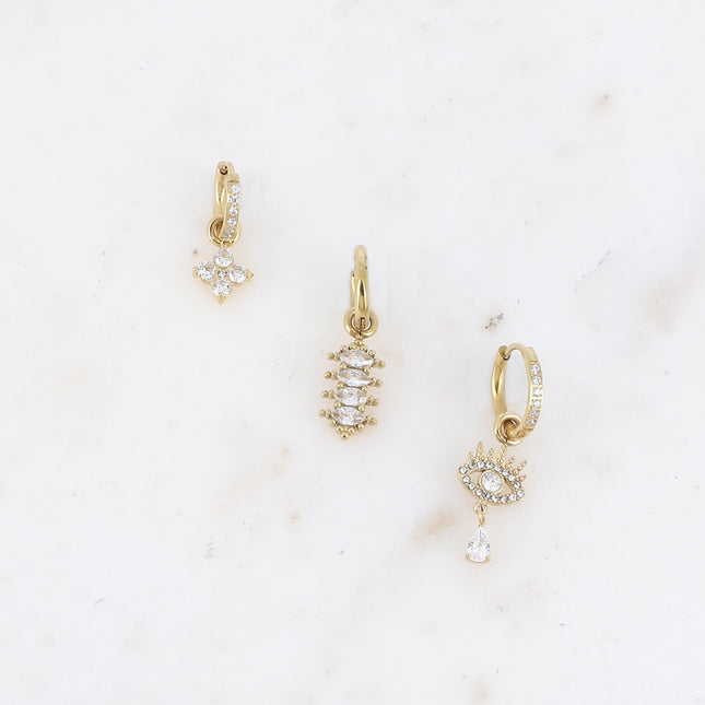 Set de 3 créoles - en acier inoxydable avec cristal (trèfle, amandes et oeil)