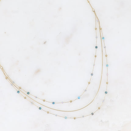 Collier - 3 rangs, maille serpent fine, pierres naturelles et oxydes de zirconium