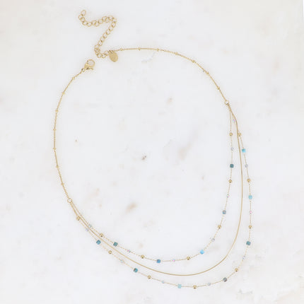 Collier - 3 rangs, maille serpent fine, pierres naturelles et oxydes de zirconium