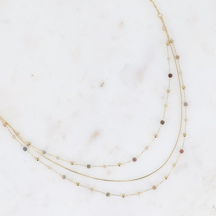 Collier - 3 rangs, maille serpent fine, pierres naturelles et oxydes de zirconium