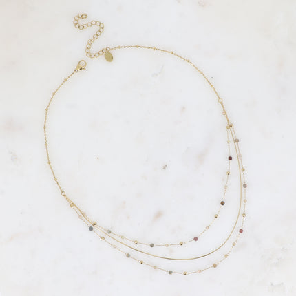 Collier - 3 rangs, maille serpent fine, pierres naturelles et oxydes de zirconium