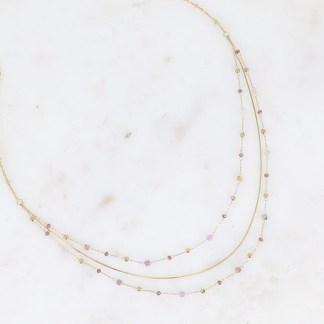 Necklace - 3 strands, fine snake chain, natural stones and cubic zirconia